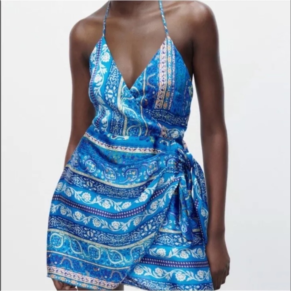 ZARA SCARF PRINT MINI DRESS STRAPPY SUMMER BLUE PAISLEY FLORAL SIZE S